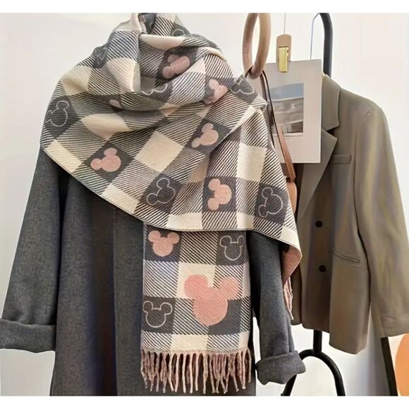 Plush Tan Black White MICKEY MOUSE Scarf Wrap Buffalo Check Long Wide - Picture 5 of 7